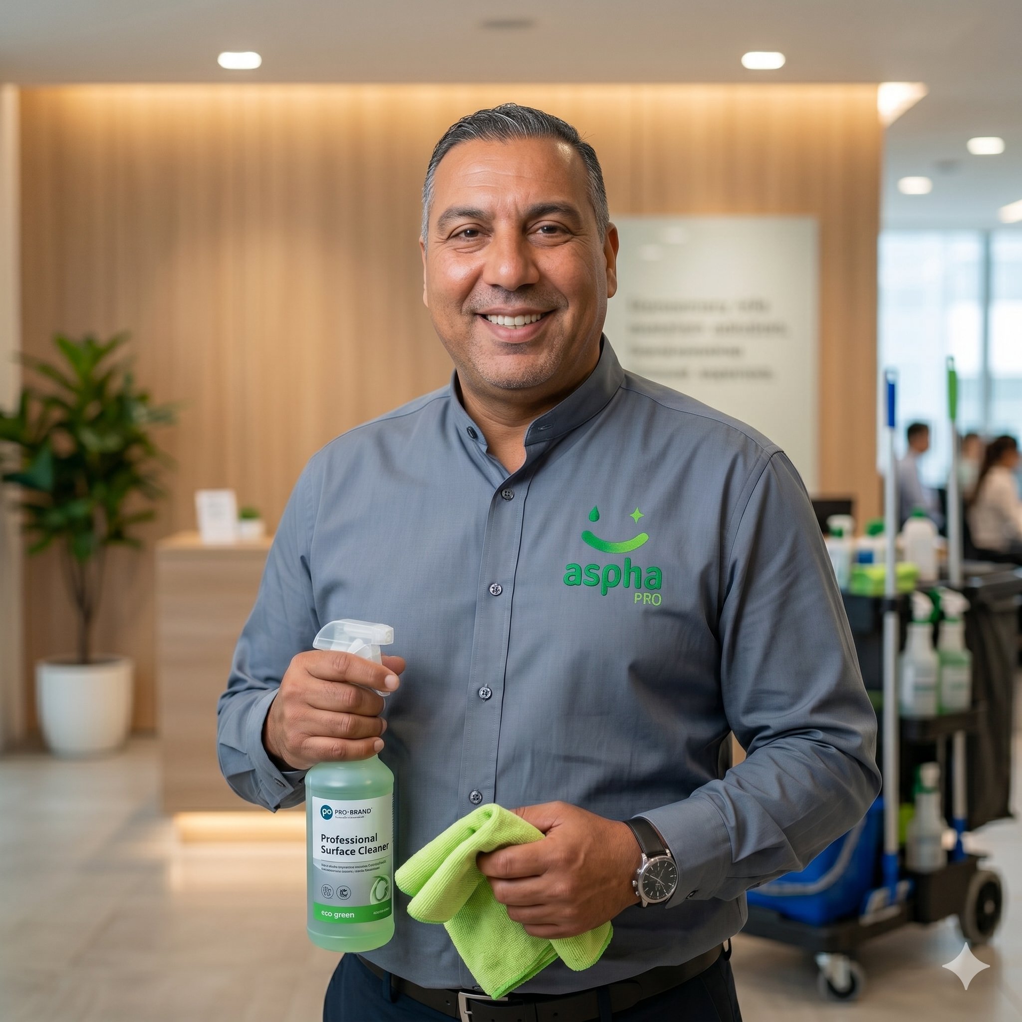 Morad, agent Aspha Pro avec matériel de nettoyage professionnel